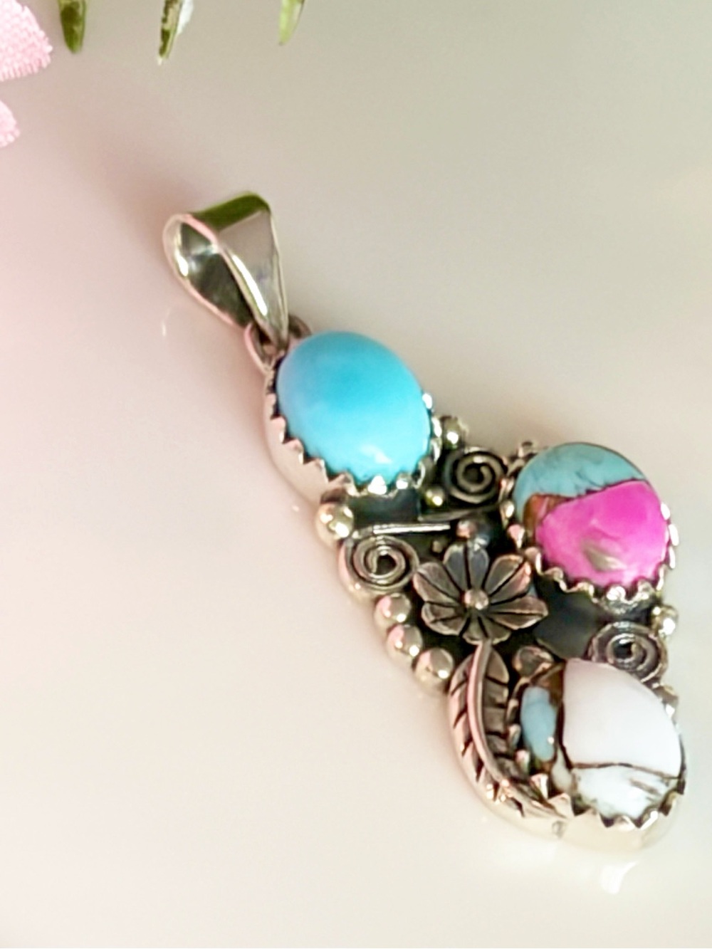 Sterling Silver 925 Genuine Cotton Candy Dahlia Kingman Turquoise Pendant - Picture 4 of 8
